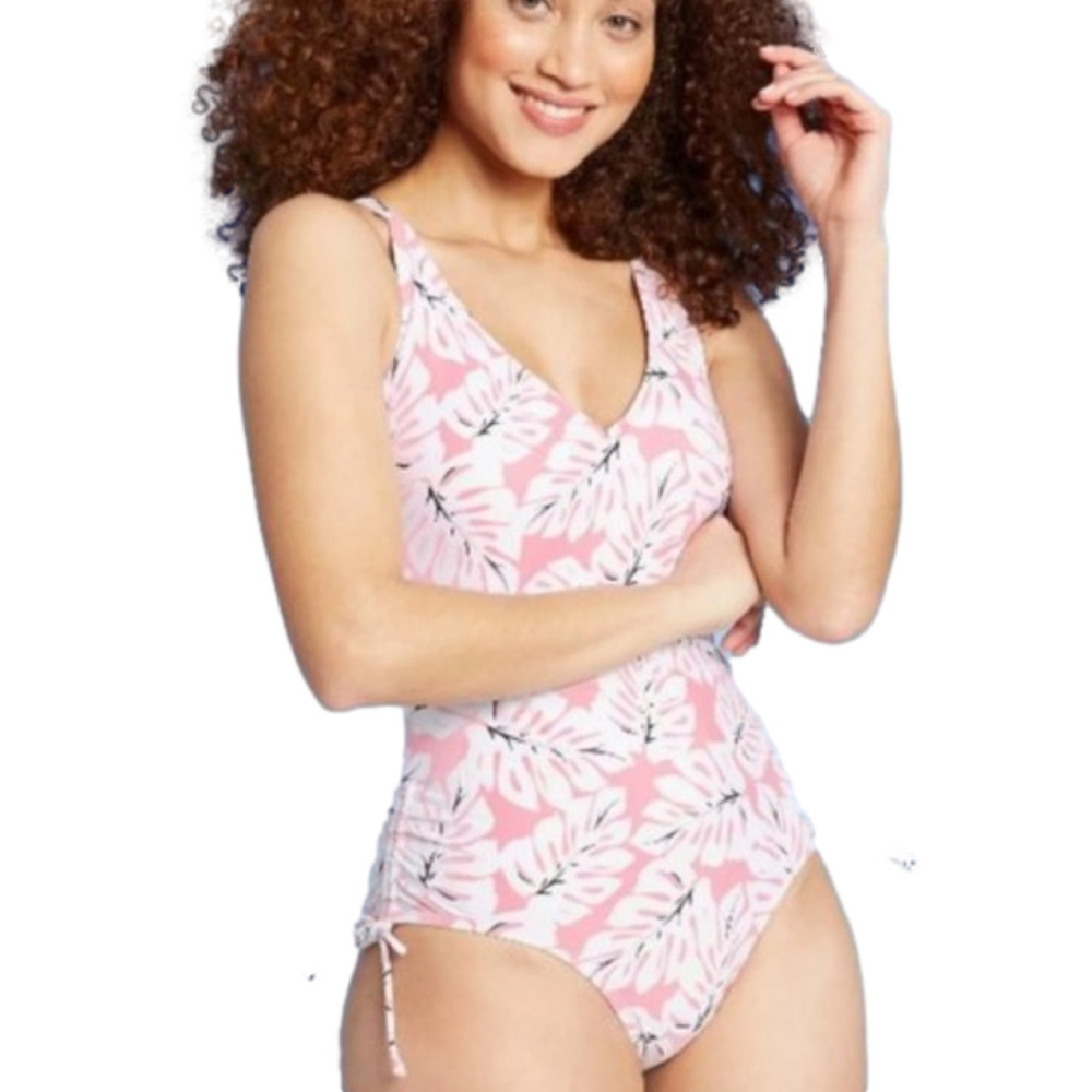 Kona SOL Cross Back Side-Tie Medium Coverage One Piece Swimsuit nWT Pink white